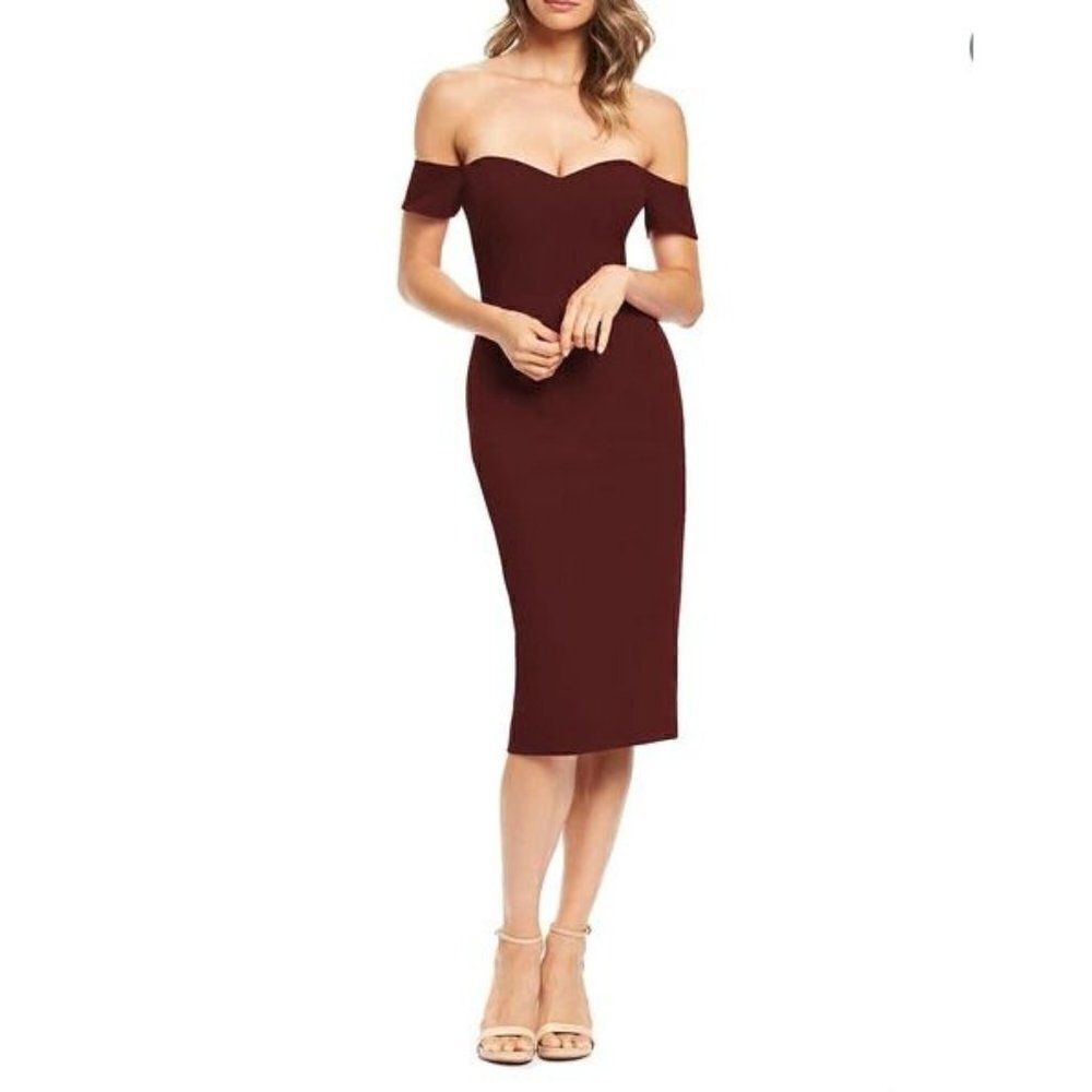 Dress The Population Womens Bailey Dress L Crepe Burgundy Off Shoulder Midi NWT